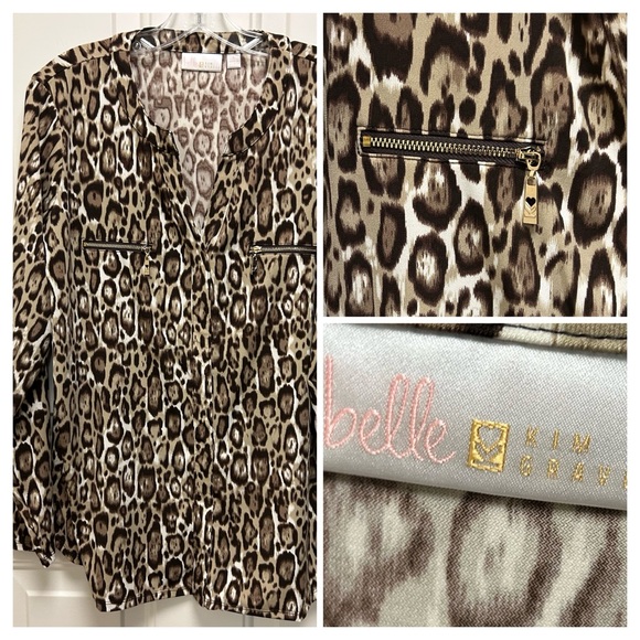 Belle by Kim Gravel Tops - Belle by Kim Gravel Leopard Print Zip-Pocket Top in Brown and Cream